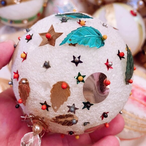 Vintage Handmade Beaded Diamond Crusted Sequins Christmas Ball Ornament Set of 9 - Picture 4 of 8